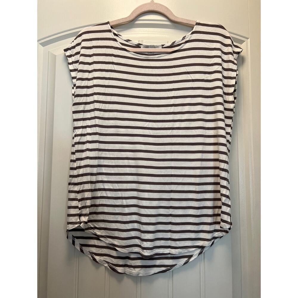 Green Envelope Women’s Boat Neck Striped Pullover‎ Casual Top Size M White Brown